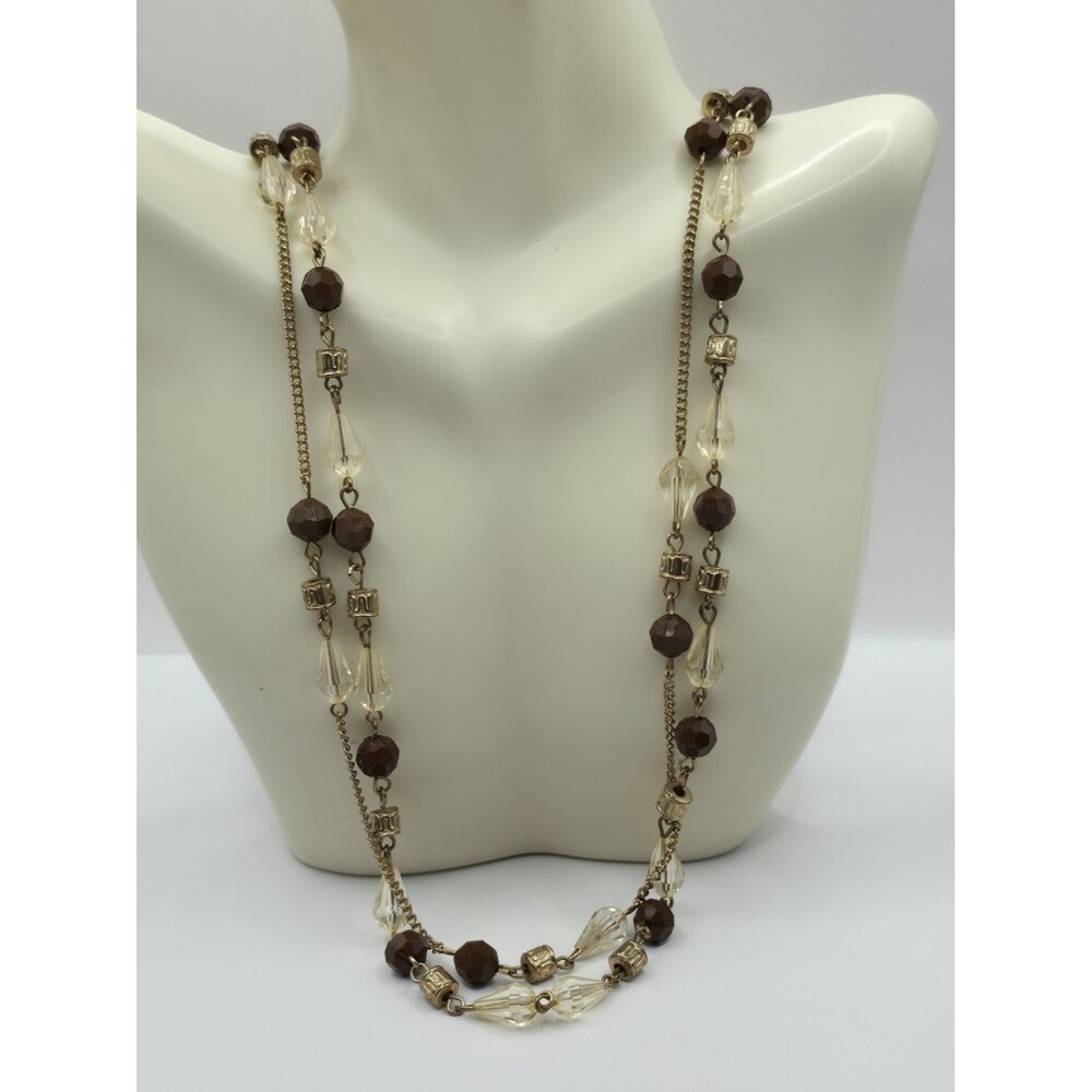 Brown/Clear 2-Strand Beaded Goldtone Bohemian Style Necklace 30"
